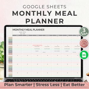 May include: A laptop screen shows a digital monthly meal planner template. The screen displays a grid layout with days of the week and space for meal entries. Text on the screen reads "Monthly Meal Planner." The image includes a coffee cup, a plant, and the text "Plan Smarter | Stress Less | Eat Better."
