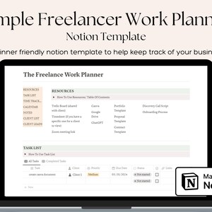 May include: A screenshot of a laptop displaying a Notion template for freelancers. The template is titled "The Freelance Work Planner" and includes sections for resources, task list, time tracking, calendar, notes, client list, and client leads. The template is designed to help freelancers keep track of their business.