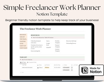 Simple Freelance Work Planner Notion Template| Time Tracker, Client Management, Task List