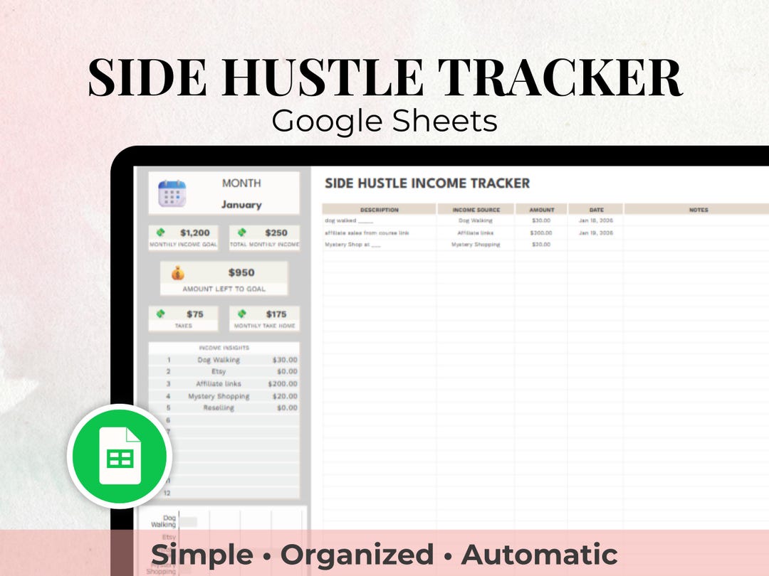 Simple Side Hustle Income Tracker Google Sheets- Side Hustle