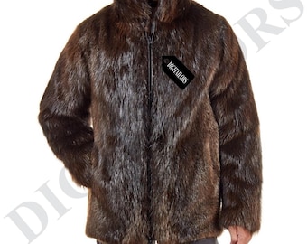 Herren-Kunstpelzmantel in mittlerer Länge | Brauner Kunstpelzmantel | Handgefertigte Winterjacke | Warme Jacke im Vintage-Stil | Modisches Geschenk für ihn