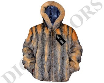May include: A hooded fur jacket with a striped pattern in shades of brown and gray. The jacket has a zipper closure and a tag that reads "DIGITALTORS".