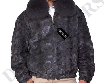 Men's Dark Grey Mink Fur Bomber Jacket With Fox Fur Collar | Genuine Fur Short Coat | Handmade Vintage Style Outerwear | Winter Gift For Him