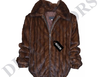 New Men's Dark Brown Real Mink Fur Full Skins Bomber Jacket Winter Coat | All Sizes | Handmade | Custom Made | Gift For Him