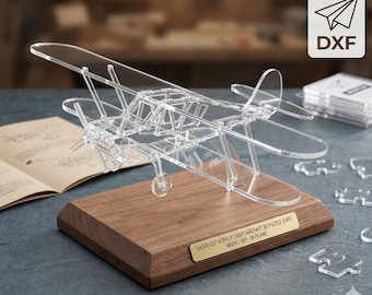 3D-biplan laserskuren modell, akrylflygplanspussel, present till flygälskare (digital nedladdning)