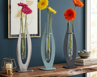 Vaso de flores moderno com suporte para garrafa, cortado a laser.