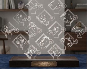 Set di lampade 3D con oroscopo tagliato al laser, luce notturna in acrilico con effetto illusione (download digitale)