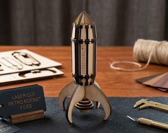 File per taglio laser di razzi retrò / Puzzle 3D in legno a forma di astronave (SVG, DXF)