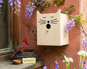 File SVG per casetta per uccelli a forma di muso di gatto, tagliati al laser – Modelli di taglio per compensato e MDF (Download digitale)