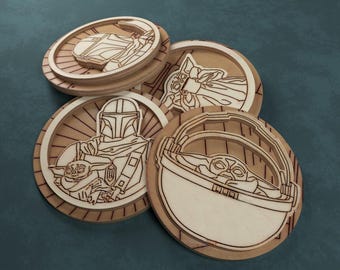 Distintivi in legno incisi e tagliati al laser, ispirati a The Mandalorian. File CDR, download digitale.