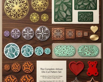 Set di sagome fustellate artigianali, mandala, foglie, disegni geometrici (download digitale)