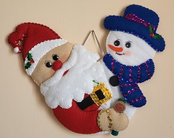 Handmade Christmas Snowman Santa Klaus, Christmas Ornament - Christmas felt decor, hanging ornaments, decoracion navideña, muñeco nieve