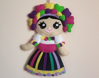 LELE DOLL, Traditional felt mexican doll handmade pink & green - Muñeca Lele, felt decor, muñeca lele de fieltro, nursery playroom decor