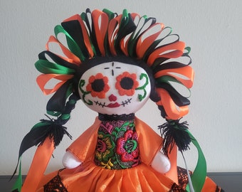 LA CATRINA DOLL, Day of the Dead Traditional Mexican doll orange & green color - La Catrina