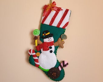 Handmade Christmas Boot, Christmas sock Ornament - Christmas felt decor, hanging ornaments, decoracion navideña de fieltro, muñeco nieve