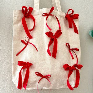 Coquette bow tote bag, red bow tote, Christmas tote, handmade tote, girly aesthetic