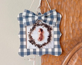 Blue and white gingham fabric, Christmas picture frame ornament with bow, cottage Christmas ornaments
