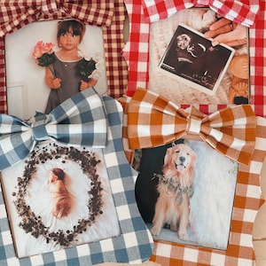 May include: Four decorative photo frames with gingham bows in red, blue, and orange. Each frame holds a different photo, including a child, a baby, a dog, and a sonogram. The frames are designed for wall hanging.