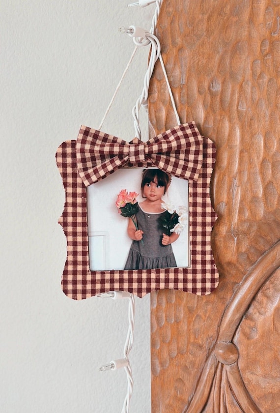 Cottage Christmas Ornament, Gingham Bow, Photo Picture Frame