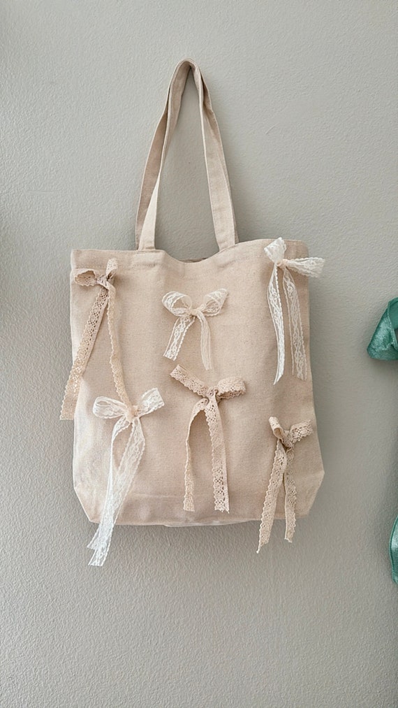 Handmade Bow Tote Bag: Coquette Lace Canvas Book Bag