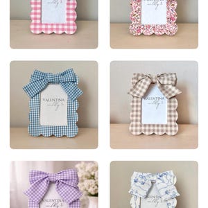 Gingham Fabric Picture Frame 4x6: Scalloped Wood Frame with Bow, Country Cottage Decor image 3