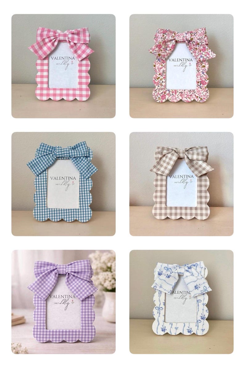 Gingham Fabric Picture Frame 4x6: Scalloped Wood Frame with Bow, Country Cottage Decor image 3