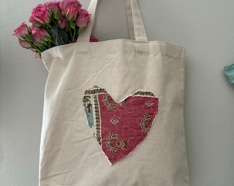 Repurposed tote bag, heart appliqué, appliqué heart, upcycled heart appliqué tote bag, quilted heart purse