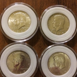 1964 1965 1966 1967 Kennedy Half Dollars 90 and 40 Percent Silver Brilliant Uncirculated Collectible Coins in Hard Case set of 4 coins total