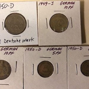 1949-1950 German 1 Mark, 2-10 Pfennig, and 2-5 Pfennig with Various Dates and Mint Marks, 5 Coins in Cello and Flips