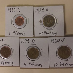 1925E, 1950J 10 Pfennig, 1979D 5 Pfennig, 1971F 2 Pfennig and 1982D 1 Pfennig German Coins set of 5 Incased in Coin Holders Free Shipping