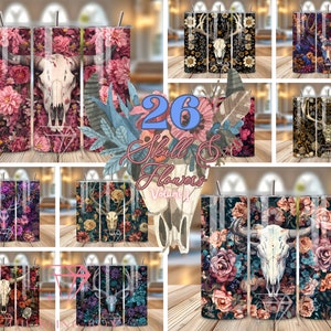 Floraler Tierschädel Sublimationsdesign, digitales Bildbündel mit 26 einzigartigen Bildern für 20 Unzen Skinny-Becher