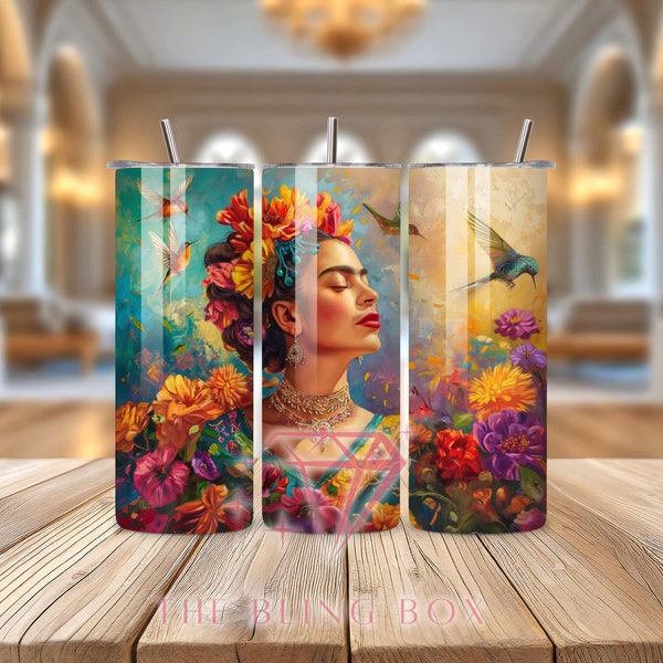 Frida Kahlo Inspired  Design for 20 oz Skinny Tumbler Sublimation - Colorful Vibrant flowers Sublimation File