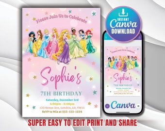 Plantilla de invitación de cumpleaños de princesa, invitación imprimible editable, descarga instantánea, invitación de cumpleaños de arco iris rosa para niñas y niños, plantilla Canva