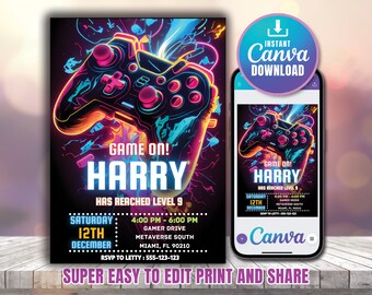 Video Game Birthday Invitation, Neon Glow Boy Girl Gamer Party Invite Level Up Game On Digital Editable Instant Download Template Canva
