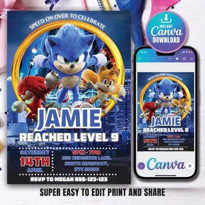 Sonic the Hedgehog Birthday Invitation - Kids Digital invite - Digital Sonic Invite - Modern Birthday Template Printable - Editable in Canva