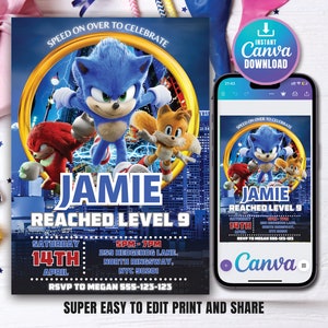 Faire-part d'anniversaire Sonic le hérisson - Invitation numérique pour enfants - Invitation numérique Sonic - Modèle d'anniversaire moderne imprimable - Modifiable sur Canva