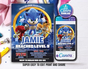 Sonic the Hedgehog verjaardagsuitnodiging - Kids digitale uitnodiging - digitale Sonic uitnodiging - moderne verjaardagssjabloon afdrukbaar - bewerkbaar in Canva