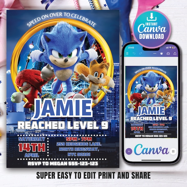 Sonic the Hedgehog Birthday Invitation - Kids Digital invite - Digital Sonic Invite - Modern Birthday Template Printable - Editable in Canva