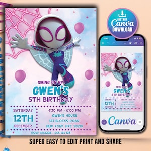 Spidey Einladung Spidey und seine erstaunliche Freunde Gwen Geburtstagsfeier einladen Mädchen Geburtstag einladen bearbeitbare Vorlage Sofort digitaler Download