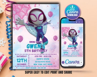 Spidey Invitation Spidey and his Amazing Friends Gwen Birthday Party Invite Girls Birthday Invite Editable Template Instant Digital Download