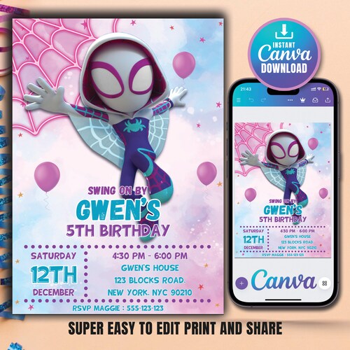 Invitación de Spidey Spidey y sus increíbles amigos Invitación de cumpleaños de Gwen Invitación de cumpleaños de niñas Plantilla editable Descarga digital instantánea