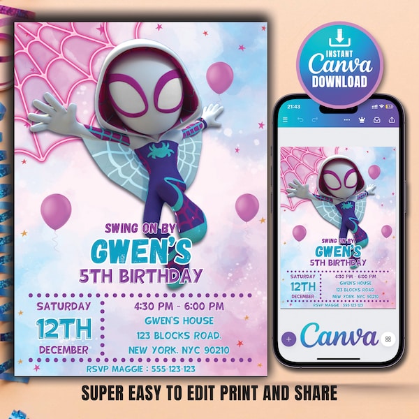 Invitación de Spidey Spidey y sus increíbles amigos Gwen fiesta de cumpleaños invitan a las niñas invitación de cumpleaños plantilla editable Descarga digital instantánea