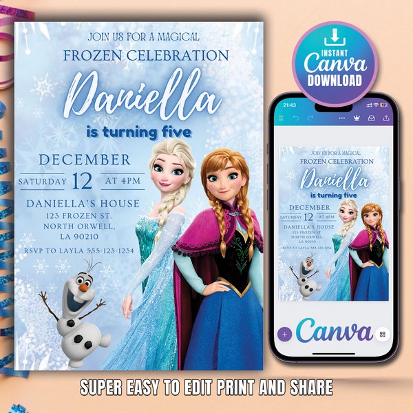 Editable Frozen Birthday Invitation Template, Princess Elsa Girl Evite, Instant Download, Digital Birthday Party Invite for Girls, Printable