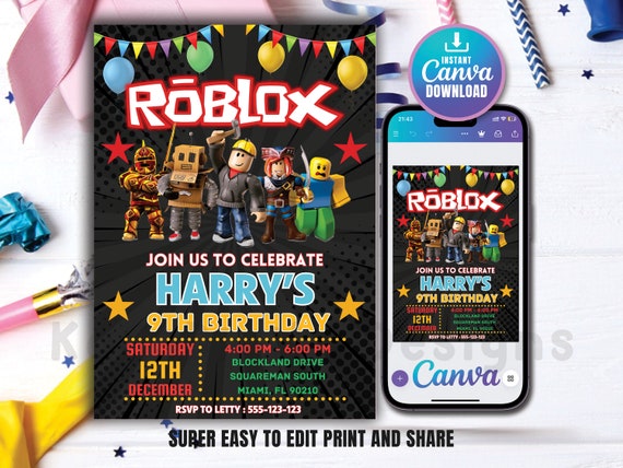 Roblox Birthday Invitation, Roblox Game Party, Roblox Invitation, Kids Roblox Invite, Printable Editable Template Canva, Instant Download