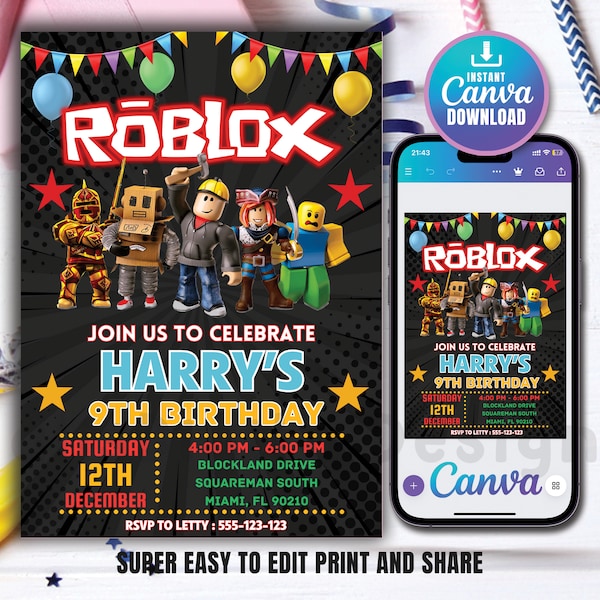 Roblox Birthday Invitation, Roblox Game Party, Roblox Invitation, Kids Roblox Invite, Printable Editable Template Canva, Instant Download