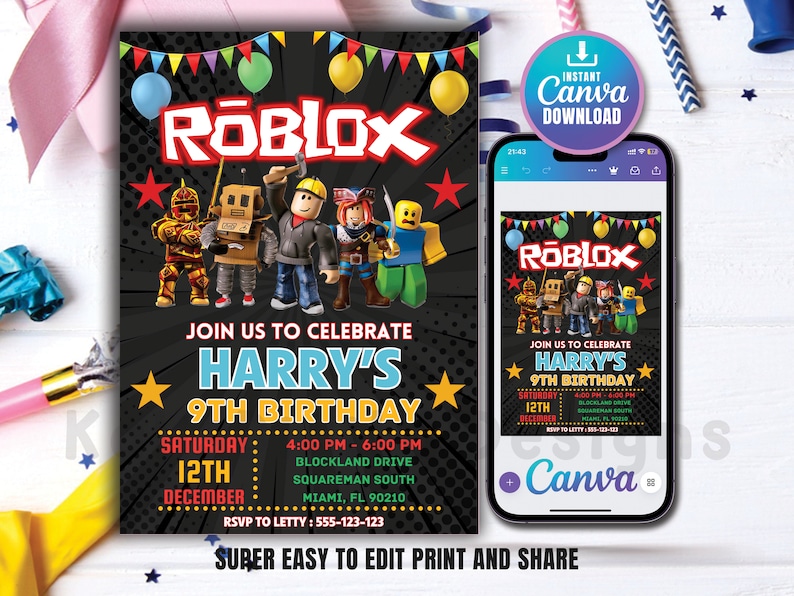 Puede incluir: Una invitaci&oacute;n de cumplea&ntilde;os de Roblox negra y amarilla con un fondo negro y un dise&ntilde;o de estilo c&oacute;mic. La invitaci&oacute;n presenta un grupo de personajes de Roblox y el texto "&Uacute;nete a nosotros para celebrar el 9&ordm; cumplea&ntilde;os de Harry". La invitaci&oacute;n tambi&eacute;n incluye la fecha, la hora y la ubicaci&oacute;n de la fiesta.