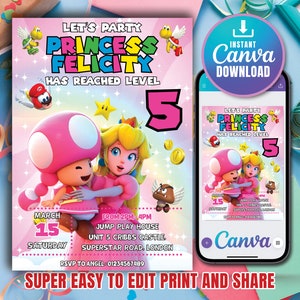 Bewerkbare Princess Peach verjaardagsuitnodiging, Super Mario Bros-uitnodiging, prinses Toadette meisje verjaardagsuitnodiging sjabloon, Instant Download