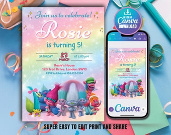 Invitación de cumpleaños de Trolls DESCARGA INSTANTE / Plantilla de invitación a fiesta de Trolls / Invitación de Trolls / Invitación editable / Banda juntos Canva