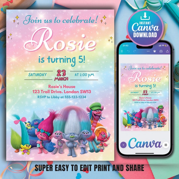 Trolls Birthday Invitation INSTANT DOWNLOAD | Trolls Party Invite Template | Trolls Invite | Editable Invitation | Band Together Canva