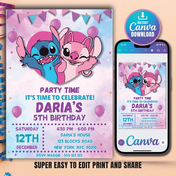 Stitch Birthday Invitation Template Editable Stitch Girls Birthday Invitation Stitch Angel Birthday Invitation Stitch Invite Canva template